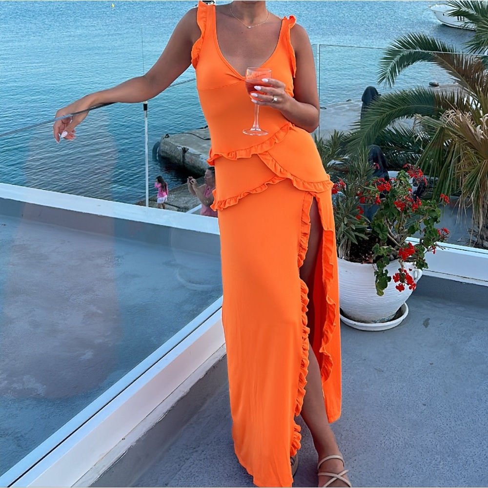 Orange ruffle maxi dress